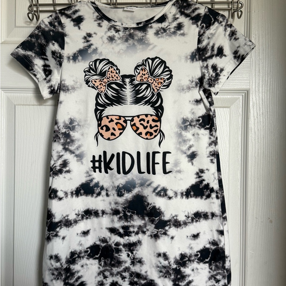 Cute Black and White Size 9/10 Y Tie-Dye Kidlife T-Shirt Dress